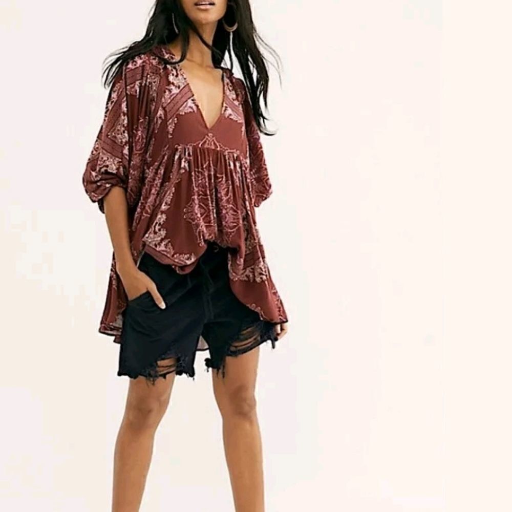 Free People Girl Talk Printed Burgundy Maroon Bohemian Tunic Top XS